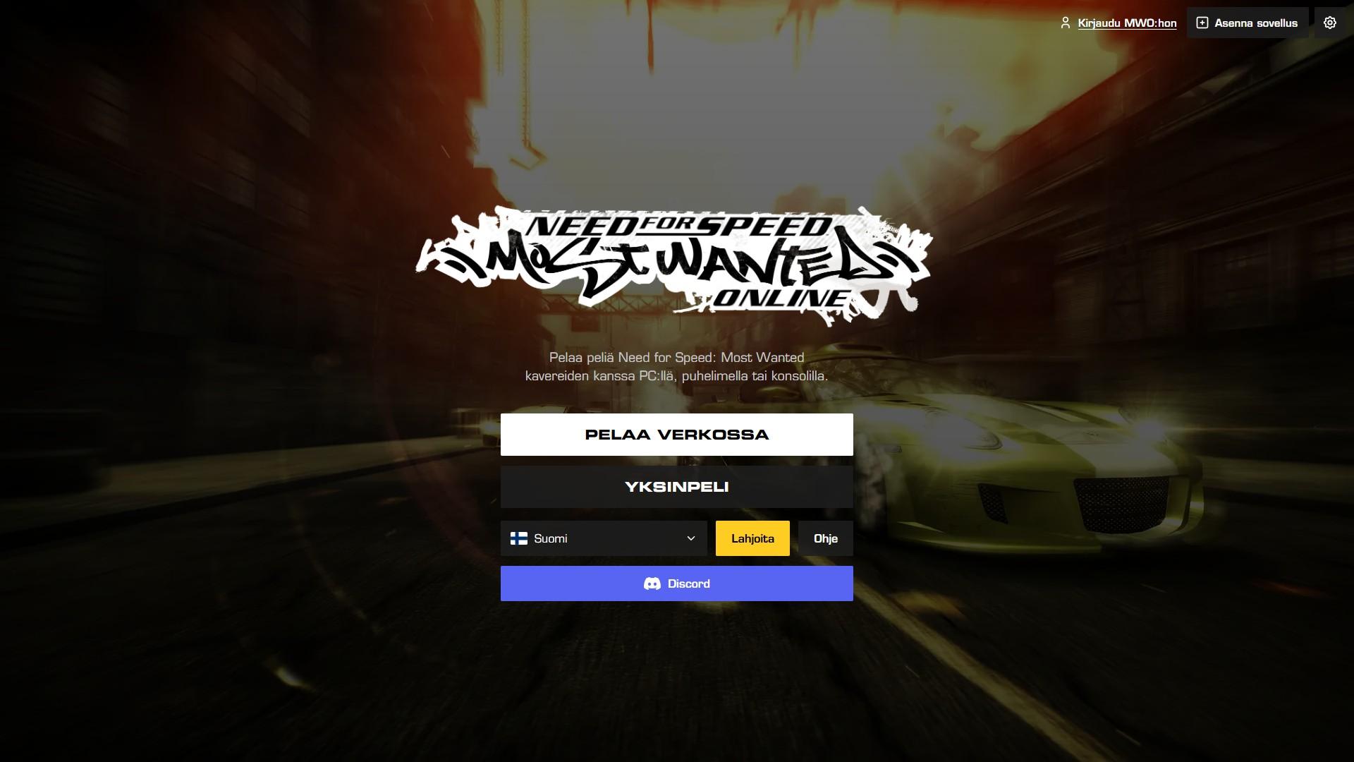 Most Wanted Onlinen aloitusnäyttö selaimessa: logo, sen alla painikkeet Pelaa verkossa ja Yksinpeli, kielivalinta, Lahjoita, Ohje ja Discord