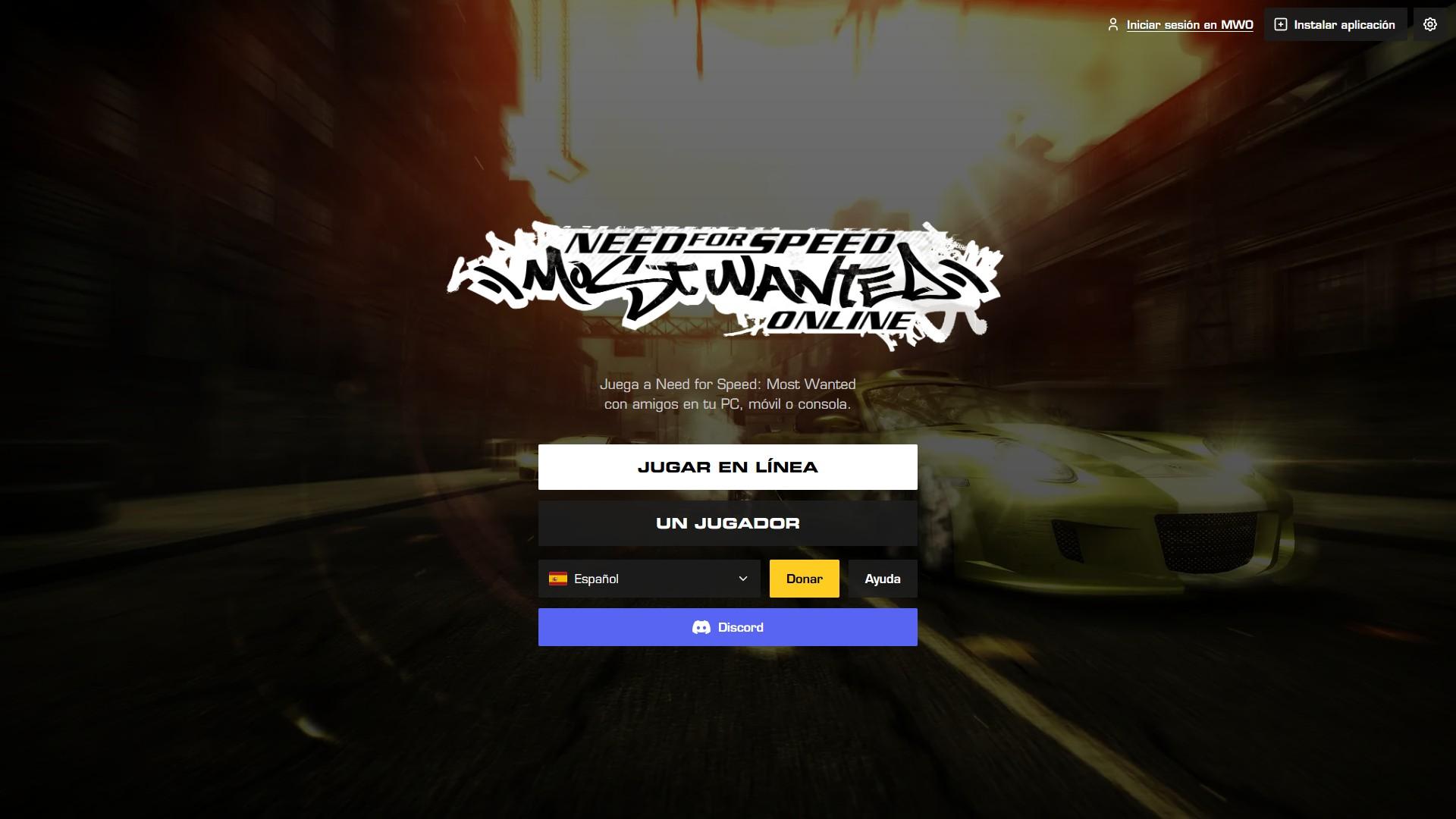 La pantalla de inicio de Most Wanted Online en el navegador: el logotipo, los botones Jugar en línea y Un jugador, el idioma, Donar, Ayuda y Discord